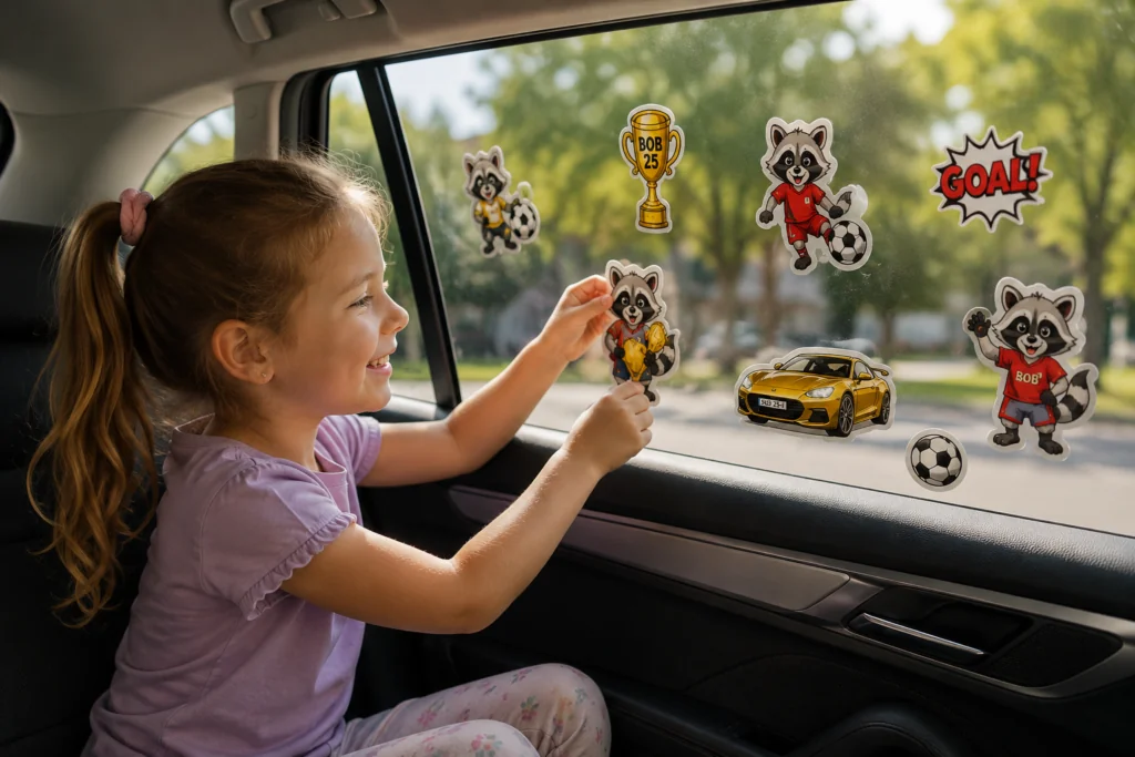 Bobbie's raamstickers op een autoraam